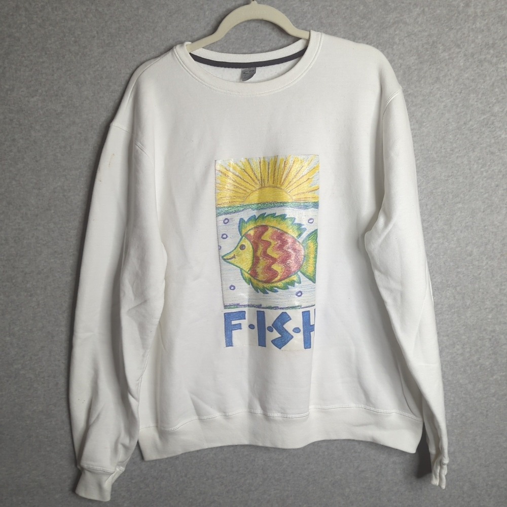 Vintage Champion White Fish Graphic Print Sweatshirt Mens L Crew Neck Oversized
